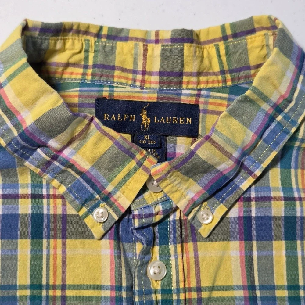 Ralph Lauren Boys XL 18-20 Yellow Blue Plaid Button Down‎ Long Sleeve Shirt